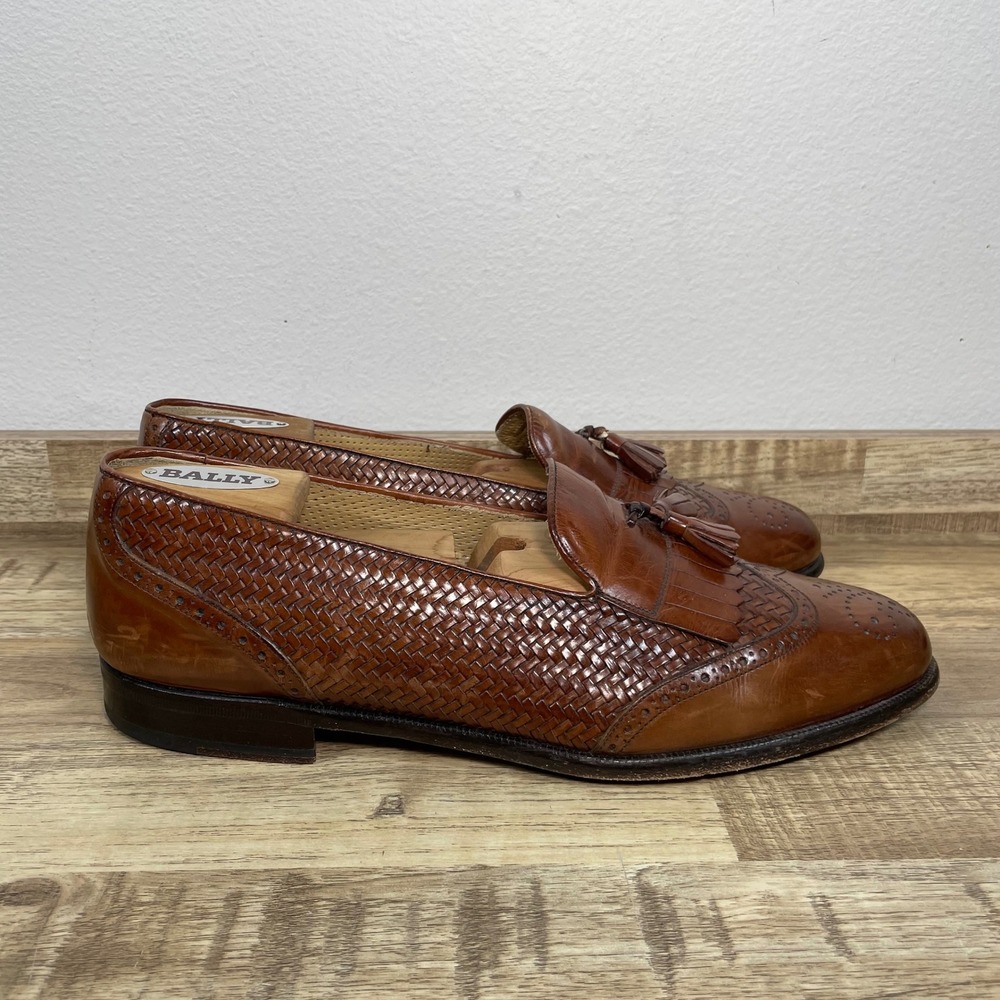 Mezlan Barbados Men 9 M Cognac Brown Woven Leather Tassel Kiltie Wingtip Loafers